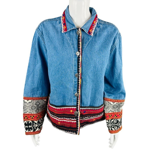 Chico's Womans Sz 2 12 Jean Jacket Blue Embroidery Vintage Tapestry Pockets - Picture 1 of 9